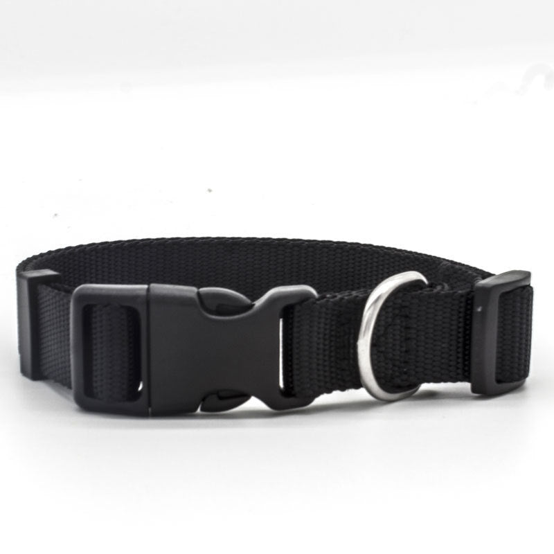 Soft Nylon Pet Collar in black, featuring a durable plastic buckle, metal D-ring, and comfortable neoprene lining. Ideal for dogs and cats