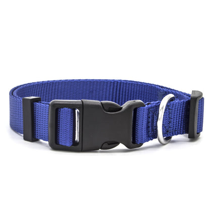 Soft Nylon Pet Collar in blue, designed with a plastic buckle, metal D-ring, and neoprene lining for comfort. Perfect for both cats and dogs.