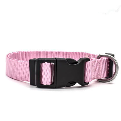 Soft Nylon Pet Collar in pink, featuring a plastic buckle, metal D-ring, and soft neoprene lining for added comfort. Ideal for cats and small dogs