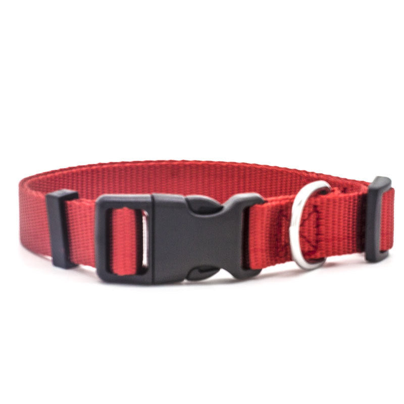 Soft Nylon Pet Collar in red, designed with a durable plastic buckle, metal D-ring, and neoprene lining for comfort. Perfect for both cats and dogs