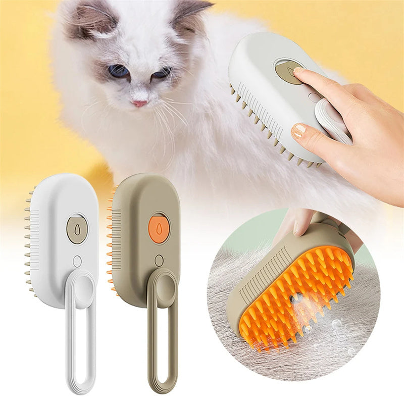 3-in-1 Steam Pet Brush in Brown and White variants, featuring an electric spray function and soft silicone bristles for gentle pet grooming