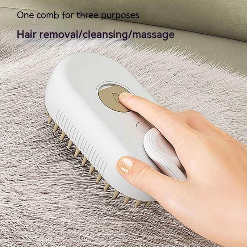 3-in-1 Steam Pet Brush highlighting hair removal, deep cleansing, and gentle massage for a smoother and healthier pet coat