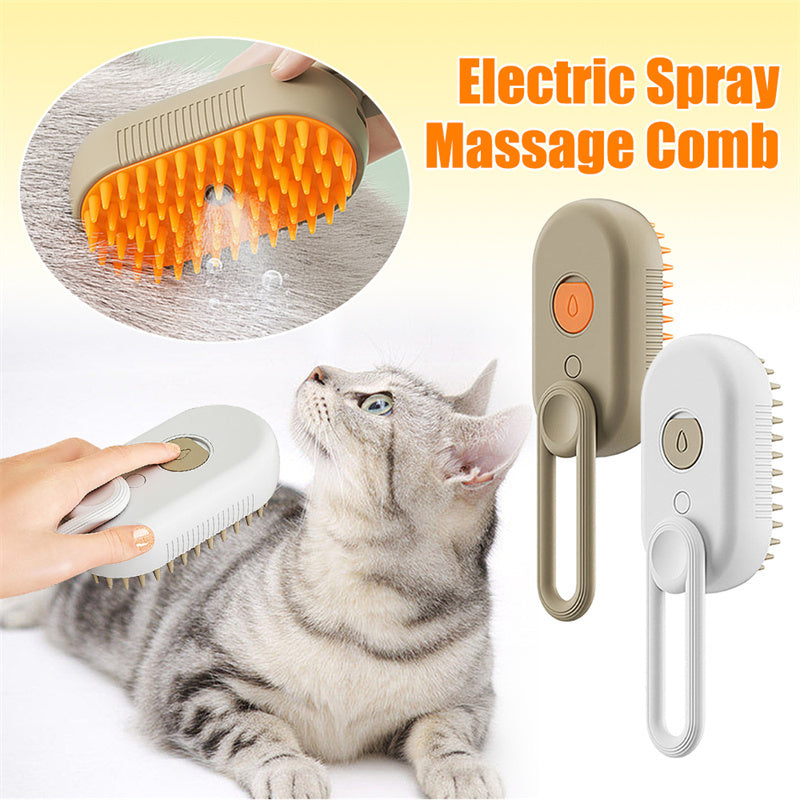 Cat being groomed with a 3-in-1 steam pet brush, featuring an electric spray for gentle and effective hair removal.