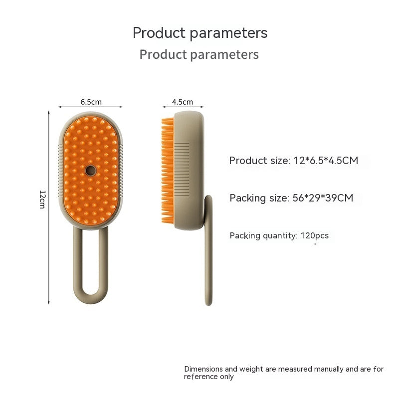 Detailed product parameters of the 3-in-1 Steam Pet Brush, including dimensions, materials, and specifications for effective pet grooming