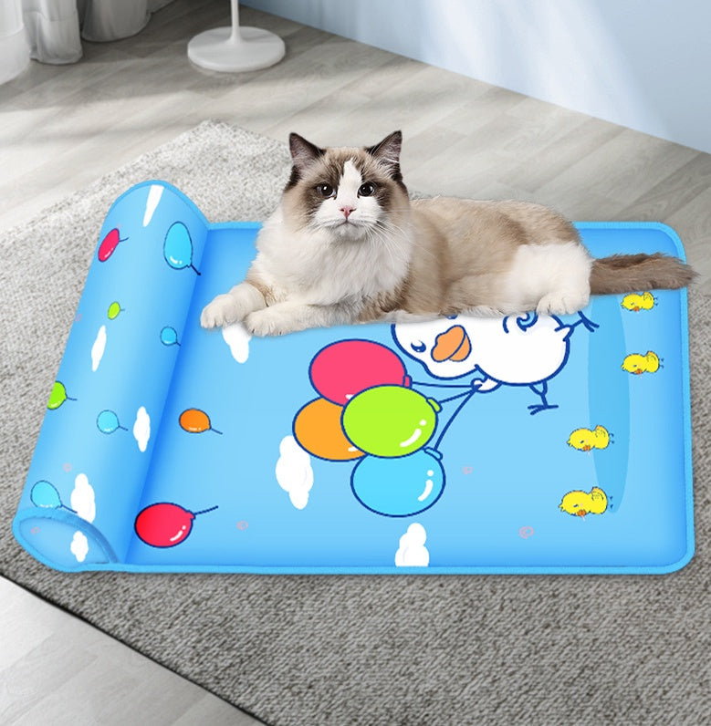 Summer cooling dog mat with raised pillow, breathable and non-slip, suitable for dogs and cats, shown in a neutral background blue variant