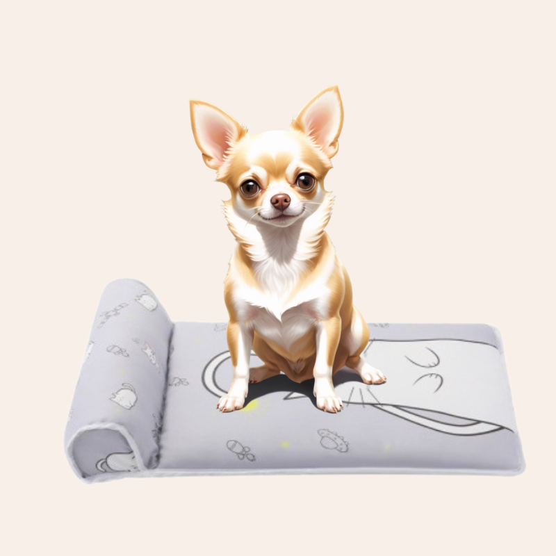 Summer cooling dog mat with raised pillow, breathable and non-slip, suitable for dogs and cats, shown in a neutral background gray variant