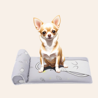 Summer cooling dog mat with raised pillow, breathable and non-slip, suitable for dogs and cats, shown in a neutral background gray variant