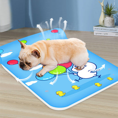 Summer cooling dog mat with raised pillow, breathable and non-slip, suitable for dogs and cats, shown in a neutral background main image