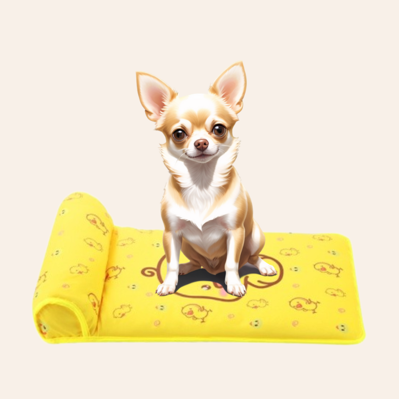 Summer cooling dog mat with raised pillow, breathable and non-slip, suitable for dogs and cats, shown in a neutral background yellow variant