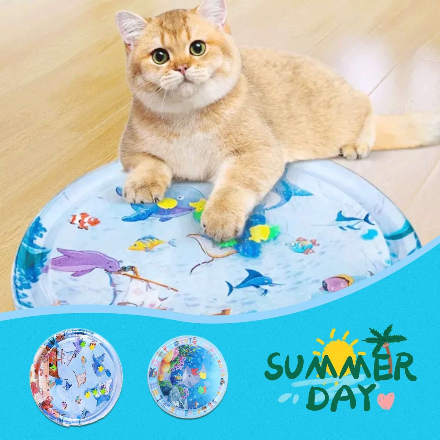 Cat relaxing on a cooling water bed cushion with the text "Summer Day" displayed.