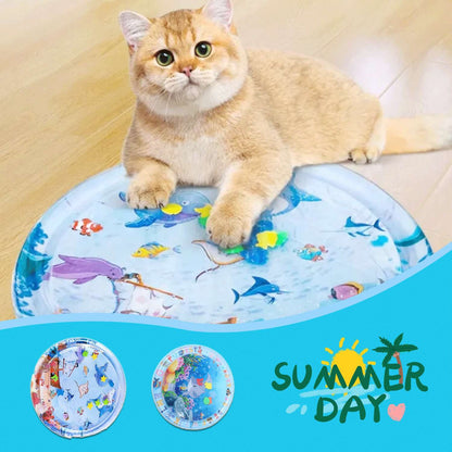 Cat relaxing on a cooling water bed cushion with the text "Summer Day" displayed.