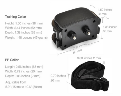 Detailed view showing the dimensions of the training collar and PP collar, highlighting their size and fit for dogs of various breeds and materials used