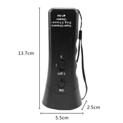 Detailed dimensions of the ultrasonic anti-bark dog training device, showcasing its compact and portable design