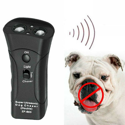 Ultrasonic dog training device shown next to a dog with its mouth covered, indicating reduced barking