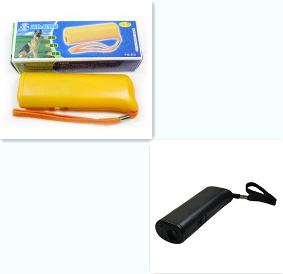 Ultrasonic dog training devices in black and yellow, displayed side by side