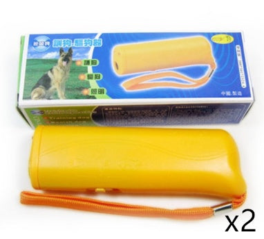 Two yellow ultrasonic dog training devices displayed side by side